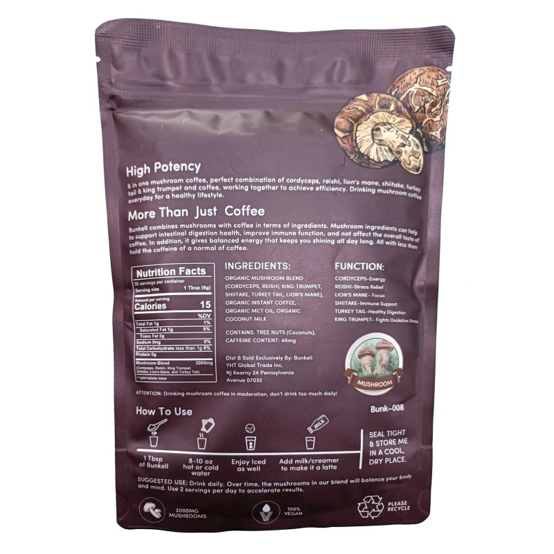 Bunkell Mushroom Coffee Lions Mane Turkey Tail Reishi 6-1N-1 Energy