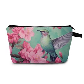 MoCaliduccious Pink Flower and Hummingbird Cosmetic Bag Hummingbird Gift Makeup Bag Zipper Pouch For Women