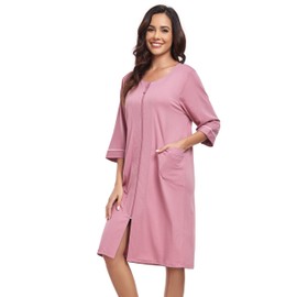 COLORFULLEAF Women's Bathrobe with Zip Lightweight Dressing Gown 100% Cotton House Coat 3/4 Sleeve Nightdress with Pockets, Rose Red