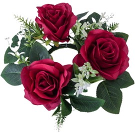 Artificial Rose Flower Candle Rings Wreath Artificial Floral Candles Wreaths Mini Flower Candleholder Wreaths for Wedding Table Decorations Centerpieces - Red