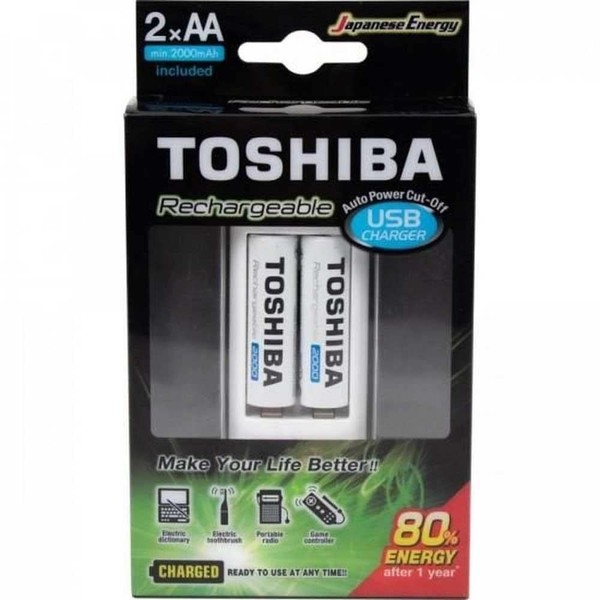Toshiba Cargador Compacto para AA y AAA Incluye 2 Pilas Recargables Tamaño AA de 2000mAh para Xbox, Wii, Camara Fotográfica, Flash Fotográfico y Varias Aplicaciones Mas.