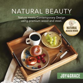 Joy&Grace Ottoman Tray for Living Room, Large Acacia Wooden Serving Tray with Handles for Coffee Table, Breakfast in Bed, Food Dinner, Decorative Tray (Color Natural, 16.7" x 12.8" x 2")