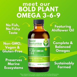 Bold Botanica Plant Vegan Omega 3-6-9 with Ahiflower Oil, Omega 3 Liquid Supplement for Women & Men, Plant-Based Omegas for Brain & Immune Health, Better Than Flax, Fish Free, Sugar-Free, 4 fl oz