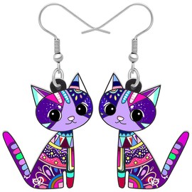 BAMAY Acrylic Cute Kitten Cat Earrings Dangle Anime Fun Design Pets Jewelry Novelty Gifts for Women Girls Charms Decor (Purple)