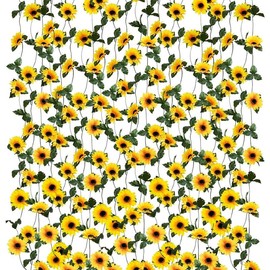 10 Pack Artificial Sunflower Garland, 7ft/Count Silk Sunflowers with Green Leaves, Flowers Vines for Room Home Kitchen Garden Wedding Arch Bridal  Shower Party Outdoor Decor Decorative Fruit Plants Ornaments - Color: Medium-10Count