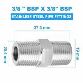 ERGAOBOY Pack of 2 304 Stainless Steel Hexagonal Fittings with Male Thread, Pipe Fitting 3/8 Inch BSP Male Thread x 3/8 Inch BSP Male Thread