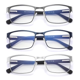 AIKLLY Reading Glasses for Men - 3 Pack Blue Light Blocking Men's Metal Readers (3 Pairs Mix Color-Sliver Gunmetal Blue, +1.5)