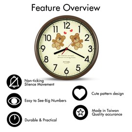 Heart Bear Pattern Silent Wall Clock, 10 Inch – Non-Ticking Cute Decorative Clock for Bedrooms or Playrooms