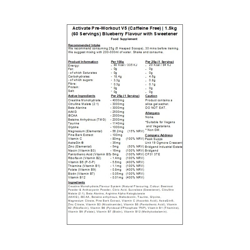 Activate Pre Workout v5 Caffeine & Stimulant Free - Blueberry