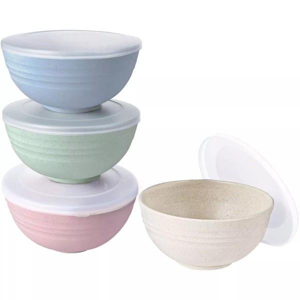 4 Pcs Wheat Straw Cereal Bowls with Dustproof Lid, Resuable