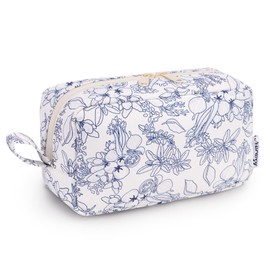 Large Makeup Bag Travel Toiletry Wash Bag Cosmetic Organizer Make Up Bags for Women (Navy Blue Flower, Large)