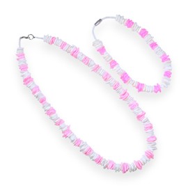 BlueRica Pink & White Puka Shell Chips Necklace & Anklet Set
