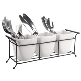 Bekith 3-Piece Ceramic Flatware Caddy with Metal Rack, Utensil Holder Silverware Caddy Cutlery Organizer, White