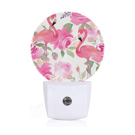 Axayaz Pink Flower Flamingos Leaf LED Night Light Tropical Bird Chic Vintage Dusk to Dawn Round Lamp Auto Sensor for Bathroom Hallway Living Room