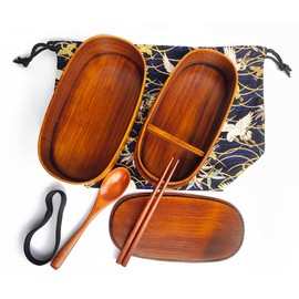 KXLCGYK Magewappa Bento Box, 2 Tiers, 33.8 fl oz (1000 ml), Lightweight, Drawstring Bag, With Wooden Spoon and Chopsticks Set, Large Capacity, Wappa Lunch Box, Bento Box, Natural Lacquer, Commuting to