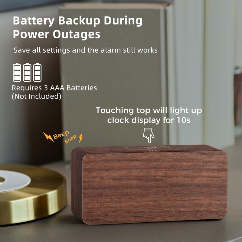 uscce Wooden Digital Alarm Clocks for Bedrooms: Dimmable Dual Alarm