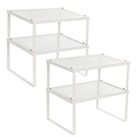 SONGMICS Cabinet Shelf Organizers, Shelf Organizer, Countertop Organizer, Shelf Riser, Stackable, Expandable, Set of 4 Metal Kitchen Counter Shelves, White UKCS006W01
