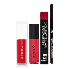 Kit de Maquillaje Rostro y Labios | 1 Rubor Liquido + 1 Lip Oil Bissu + 1 Labial de Larga Duracion Ivy + 1 Lapiz Delineador de Labios (CHERRY LOVE)