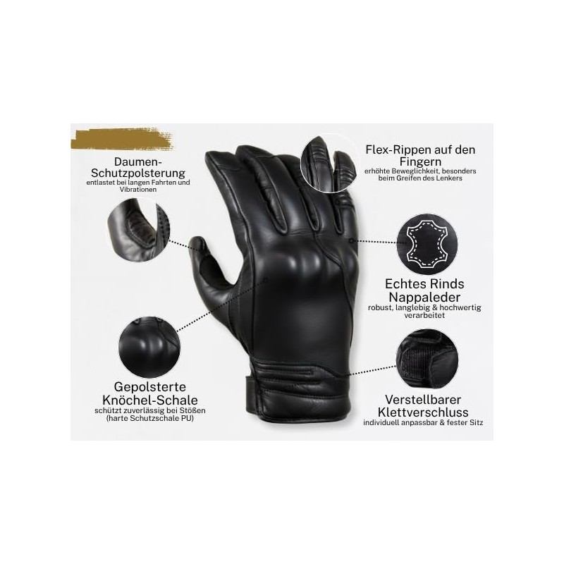 MDM Men's Leather Motorcycle Gloves, Retro Biker Gloves, Chopper, Touchscreen