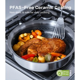 Saute Pan with Lid–12 Inch Deep Frying Pan for Stir-Fry & Searing,5-Ply Stainless Steel 5.5QT large Sauté Pan & Steel Lid, Induction, Oven Broiler Safe 600F Nonstick Skillet,Oven & Dishwasher Safe