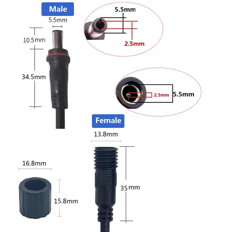 ELNONE 18AWG DC Power 5.5mm x 2.5mm Barrel Male &