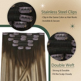 Ugeat Clip in Hair Extensions Brown to Blonde Balayage Clip in Real Hair Ombre Clip in Extensions 120g 7Pcs 18 Inch Double Weft Clip in Human Hair Extensions #4/6/613