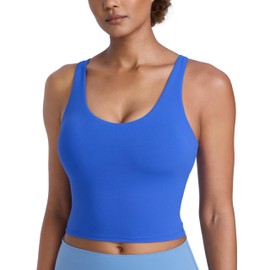 CRZ YOGA Butterlift Womens Racerack Longline Sports Bra - U Neck Yoga Padded Tank Pilates Workout Crop Top with Built in Pads Royal Large