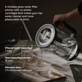 aarke Purifier Glass Water Pitcher, Refilable Stainless Steel Filter, 8-Weeks Performance, BPA-Free, Dishwasher Safe, Pure & Enriched Refill Granules, 1.66L (7 Cups) Capacity