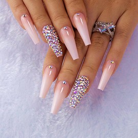 Leuhiove 24 Pcs Pink Press on Nail Long Bling Glam Ballerina Flash Diamond Crystal Glossy Fake Nails Coffin Nails Tips Rhinestones Gems Artificial False Nails Glue on for Women and Girl