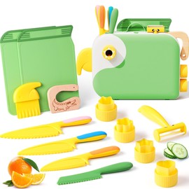 Toddler Cooking Set with Storage Box-Kids Kitchen Set,Safe PP Material Montessori Kitchen Tools for Real Cooking,Dishwasher Safe,Fun Bird-Shaped Organizer Toddler Knife Set
