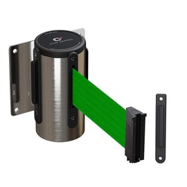 Crowd Control Warehouse - CCW Series WMB-125 Fixed Wall Mount Retractable Belt Barrier -11 Foot, Green Belt with Stainless Steel Case
