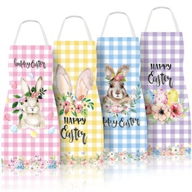 Whaline 4 Pack Happy Easter Aprons Buffalo Plaid Chef Cooking Aprons Bunny Egg Flower Prints Adjustable Washable Aprons Colorful Collection Kitchen for Spring Dinner Baking BBQ Grilling Supplies