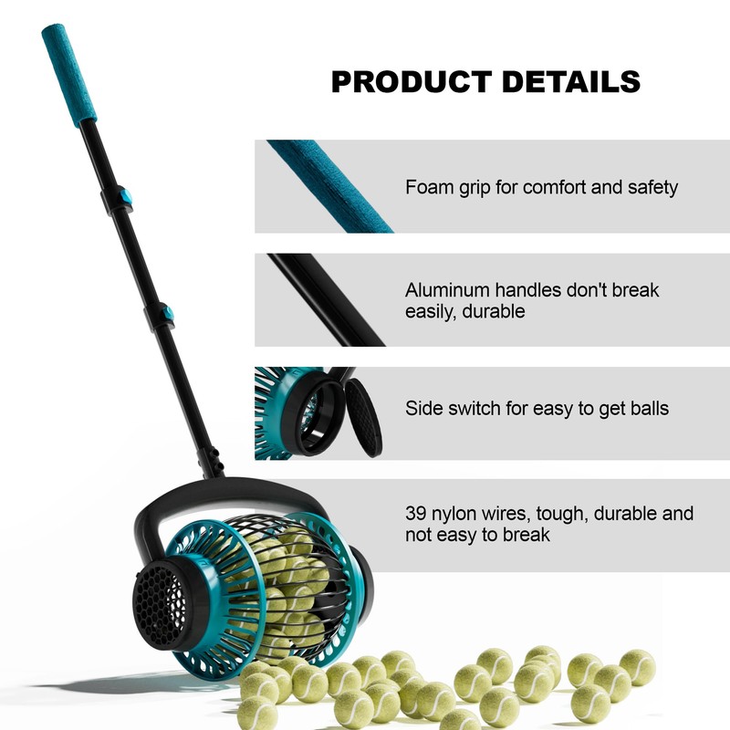 Tennis Ball Collector Roller with Adjustable Handle, No-Bend Quick Rolling