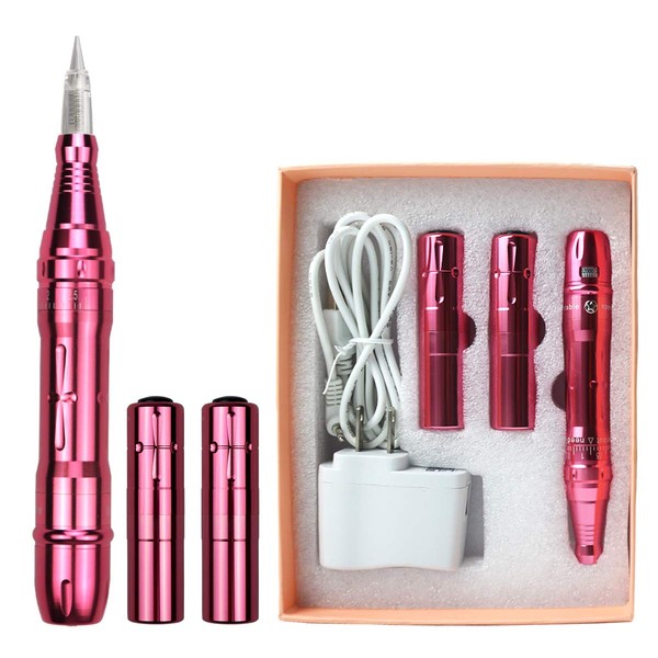Guapa Permanent Makeup Tattoo Pen with 2pcs Batteries Tattoo Machine for Ombre Powder Brows Microblading Shading Eyeliner Lip Permanent Makeup Beauty (Pink Machine+50pcs Needles)