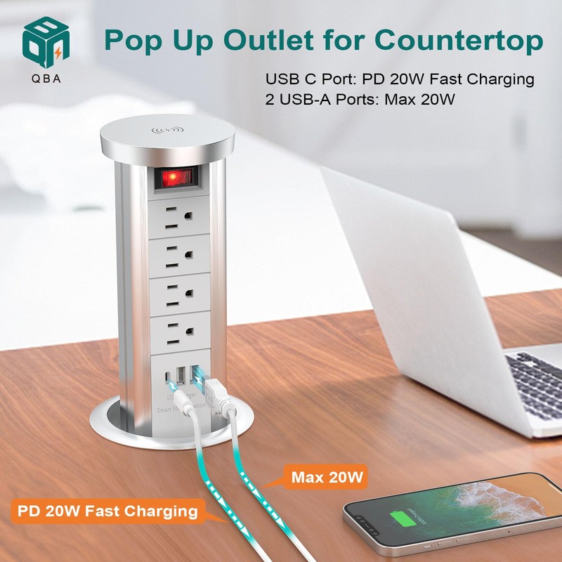 Pop Up Outlet for Countertop with PD 20W USB C,