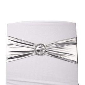 Trimming Shop Synthetic Fabric Shiny Chair Band with Buckle, Elastic Sash for Securing Seat Covers, Wedding Decorations, Reception and Party Décor (36cm x 13cm, Silver, 50pcs)