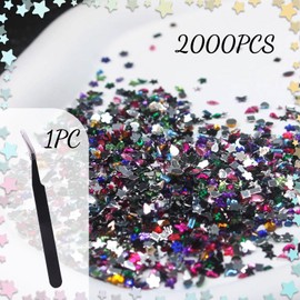 LunarCharm 2000 Pieces Colorful Rhinestone Nail Art Pendants with Tweezers Multiple Shapes Crystals Flat Back Nail Gems 3D Mini Heart Star Nail Diamonds