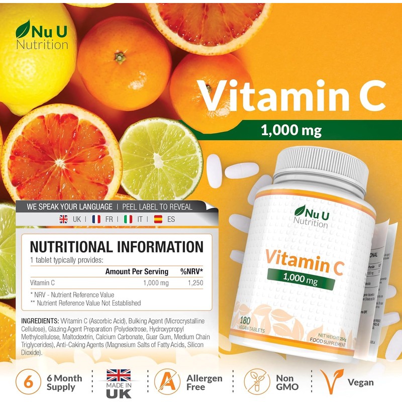 Vitamin C 1000mg - 180 Vegan Tablets - 6 Month