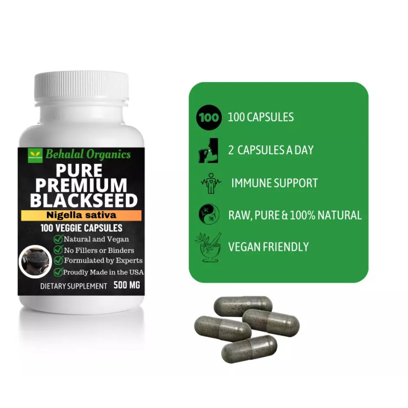 Behalal Organics Black Seed Nigella Sativa 500mg Vegan Capsules 100