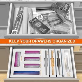 DALSHABET 9 IN1 Bamboo Storage Bag Drawer Organizer with Cutter, Foil and Plastic Wrap Dispenser for Kitchen Storage Compatible with All Brands Gallon, Quart, Sandwich & Snack Size Bags - White