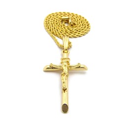 CBC Crown Religion Cross Jesus Crucifix Pendant in 18"/20"/24" Rope, Cuban, Box Chain Necklace in Gold Tone (Gold - 18" Rope Chain)