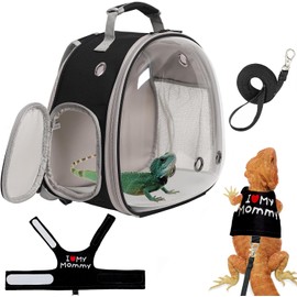 Bearded Dragon Carrier Backpack with Security Printing Harness Set, Reptile Lizard Travel Carrier (Black, Mommy Harness)
