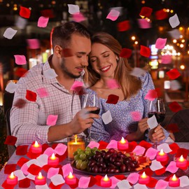 Honoson 1000 Pieces Artificial Rose Petals with 24 Pcs Flameless Heart Shaped LED Tealights Candles Romantic Night Decorations for Wedding Anniversary Table Decor(White with Red)