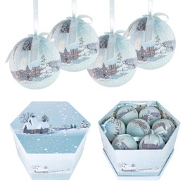 BENROSS The Christmas Workshop 82780 14-Pack Frosted Snow Village Design Decoupage Baubles Christmas Decorations Gift Boxed 7.5cm Blue & White Christmas Tree Decorations