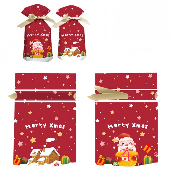 50PCS Christmas Treat Bags, Ribbon Drawstring Gift Bags, 5.9x9.0x2.4 inch