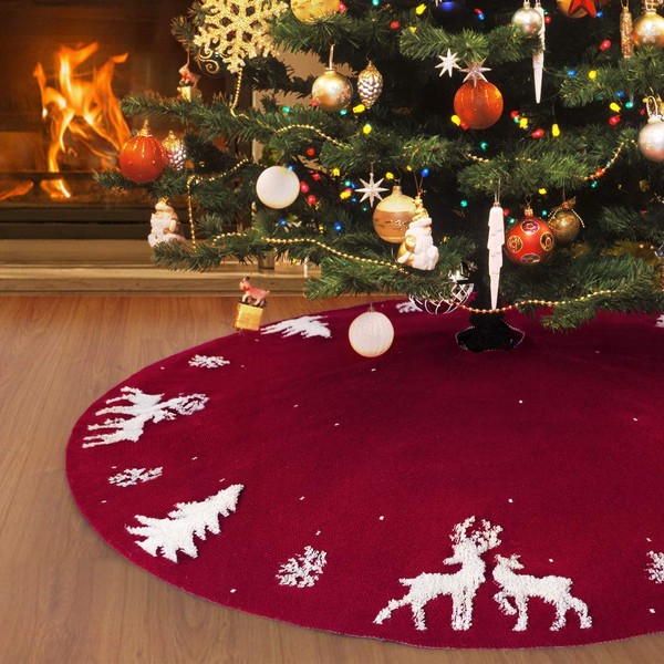 LOMOHOO Christmas Tree Skirt 36inch Large Red Christmas Tree Skirt,Rustic Thick Knit Tree Skirt With 3D Elk Snowflakes Xmas Tree Base Cover Mat for Holiday Party Decorations