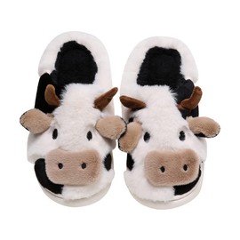 PLMOKN Cow Slippers For Women Indoor And Outdoor Mens House Cute Fuzzy Keep Warm Animal Cloud Slides, White Half Bag 9.5-10.5 Women/9-9.5 Men
