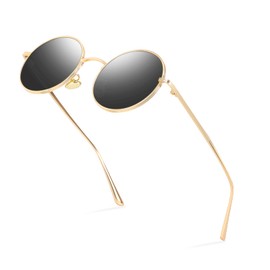 FEISEDY B1035 Men's Sunglasses, Small, Retro Round Glasses, Round Sunglasses, Women's, Classic, Blue Lens for Men, gold·black