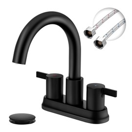 Two Handle 4 inch Black Bathroom Faucet, Bathroom Sink Faucet for 3 Holes with Pop-up Drain and 2 Supply Hoses, Lead-Free