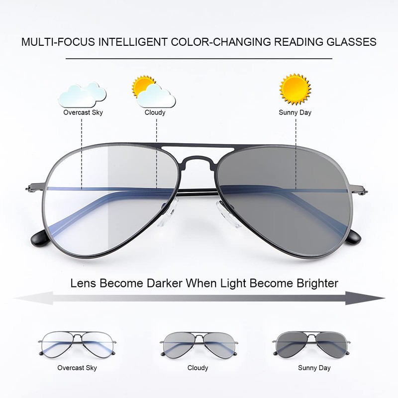 PEEPAI Photochromic Progressive Multifocus Reading Glasses UV400 Aviator Sun Readers